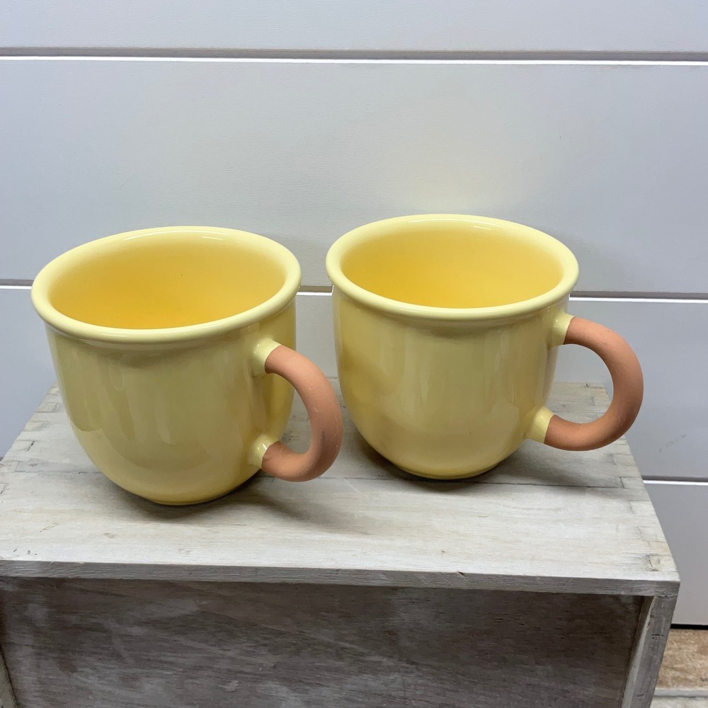 Furio Italy Yellow Ceramic Mugs with Terracotta Handles Set of 2 Oversized